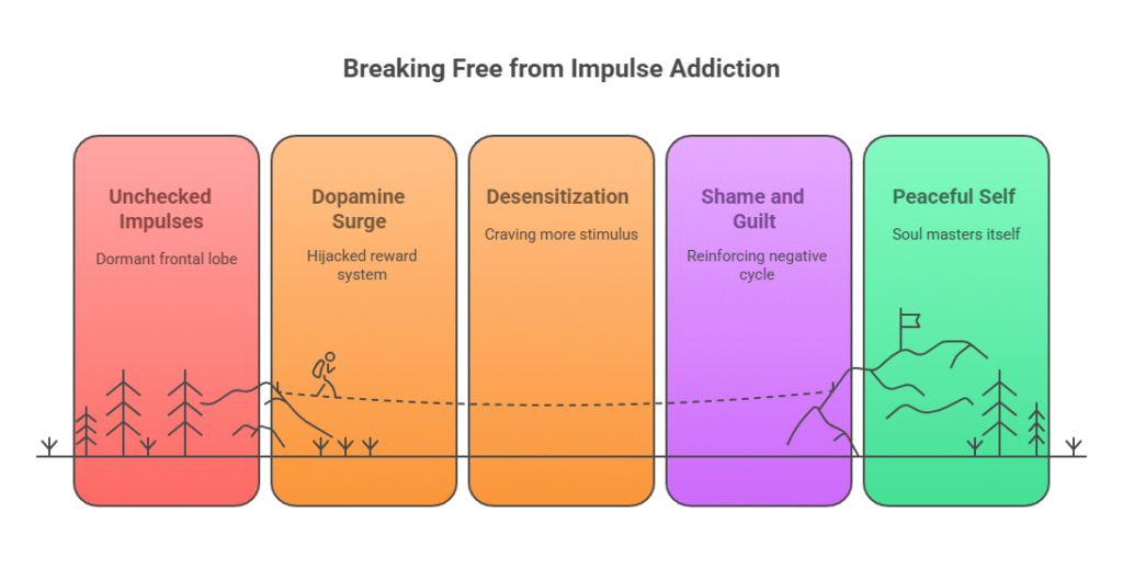"Neuroscience illustration of limbic system vs prefrontal cortex in addiction and impulse control"