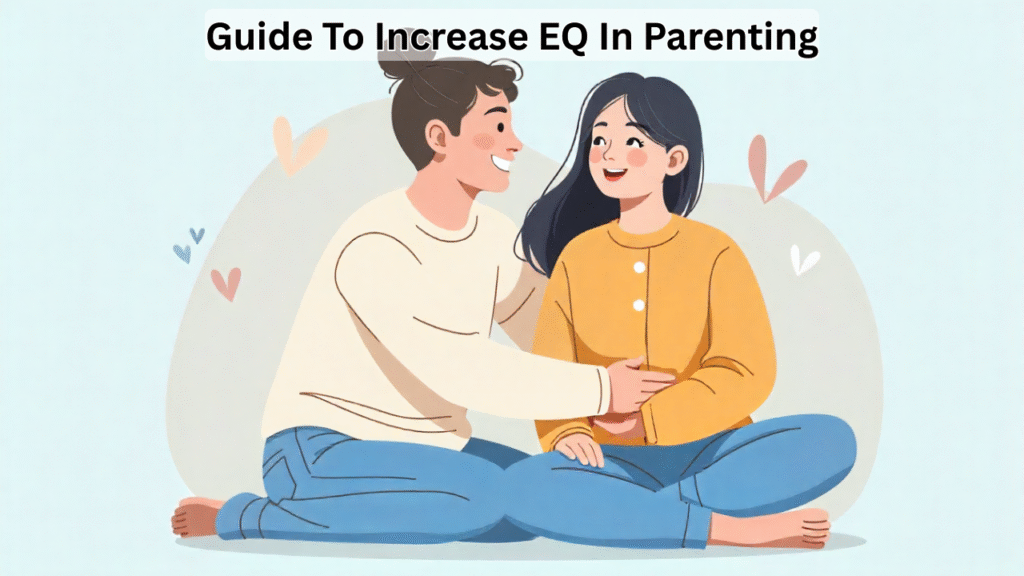 "A warm, uplifting illustration of a parent and child sitting together, smiling and connecting emotionally. The scene should feel cozy and supportive, symbolizing empathy, patience, and love in parenting. Use soft, inviting colors (light blues, yellows, and gentle pastels). Add subtle visual elements like a heart or brain icon to represent emotional intelligence. The title text 'The Guide to Increasing Emotional Intelligence in Parenting' should be clear, bold, and easy to read, placed neatly without clutter."